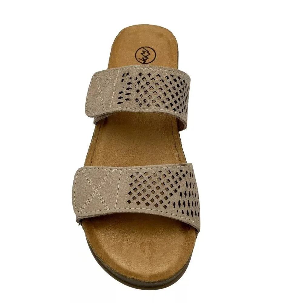 White Mountain Women's Wedge Leather Sandals Size 8 Taupe Adjustable Straps